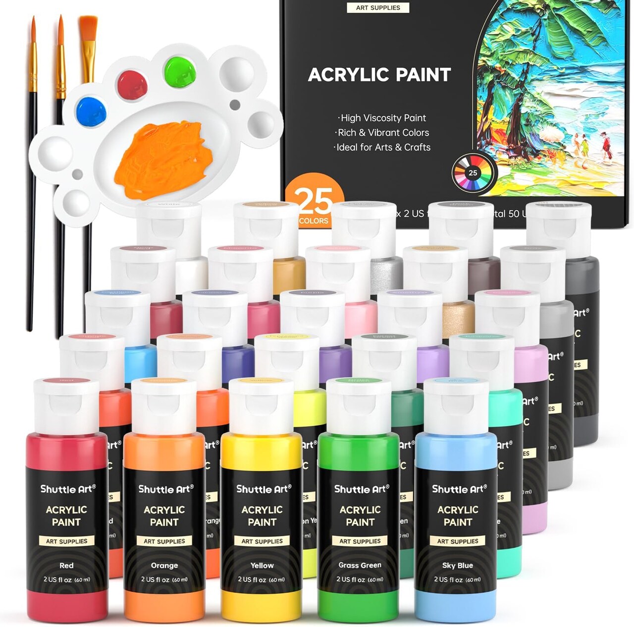 25 Colors Acrylic Paint Set, 2oz/60ml Bottles, Rich Pigmented Acrylic Paints for Artists, Beginners, Kids, Painting on Canvas Rocks Wood